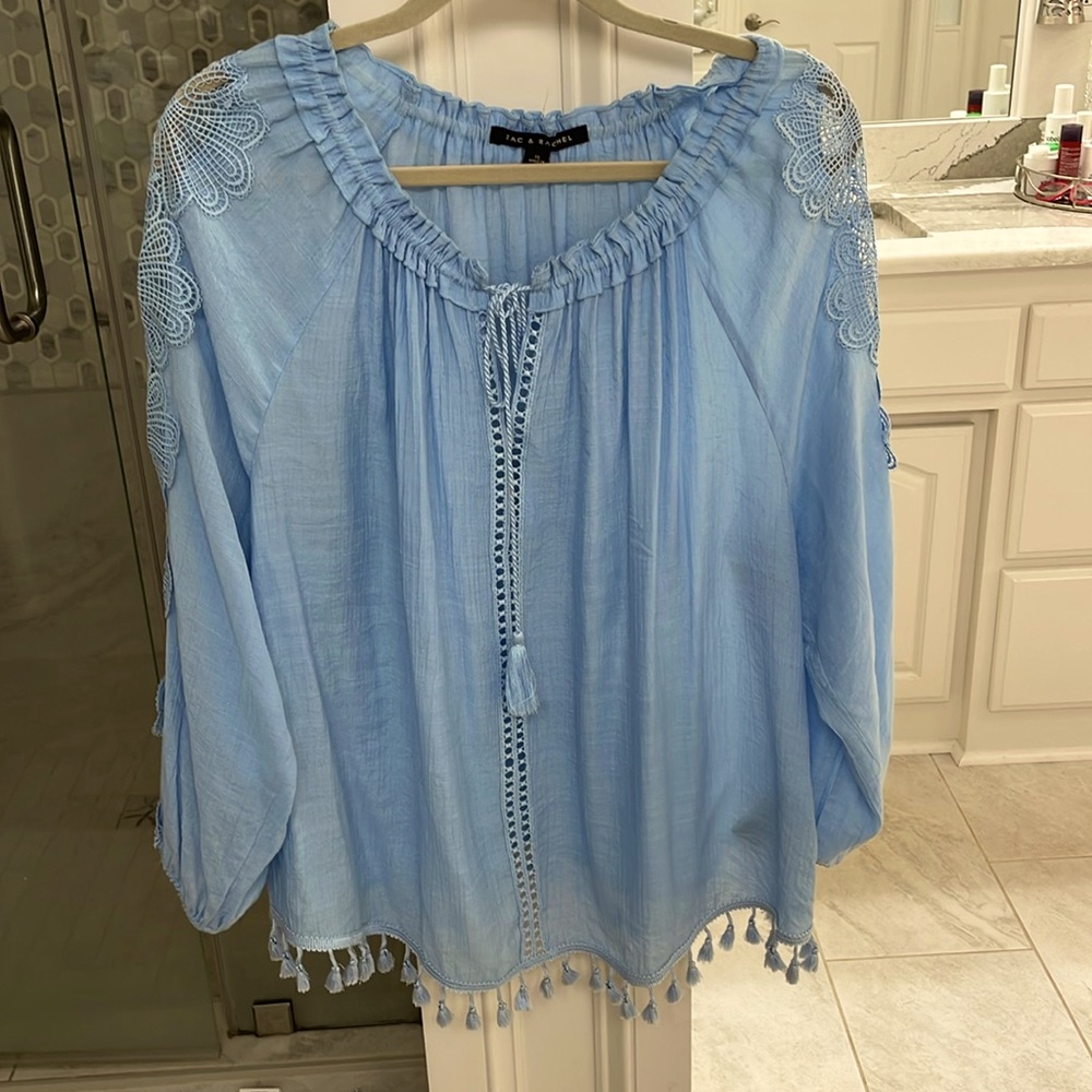 Zac & Rachel XL baby blue blouse with intricate detail on sleeves and bodice - Picture 2 of 6